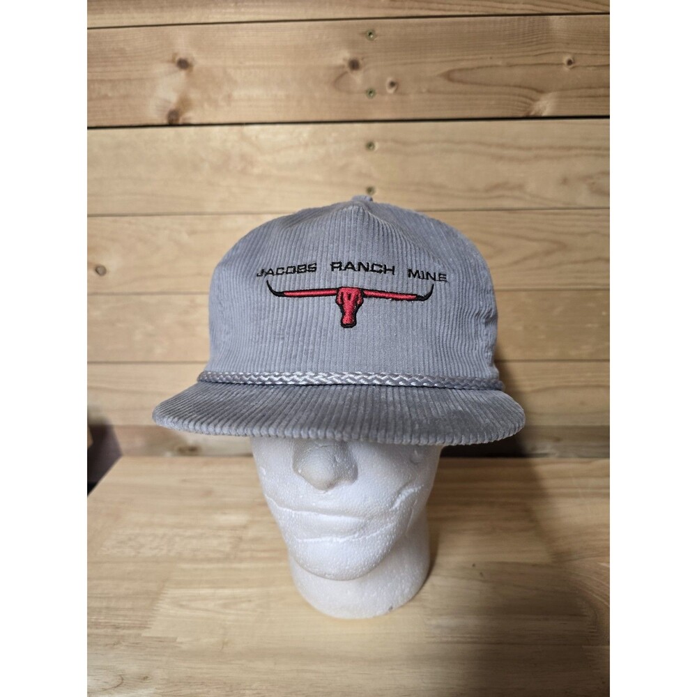 VTG Jacobs Ranch Mine Longhorn Hat Imperial Headwear Gray Corduroy USA Strap